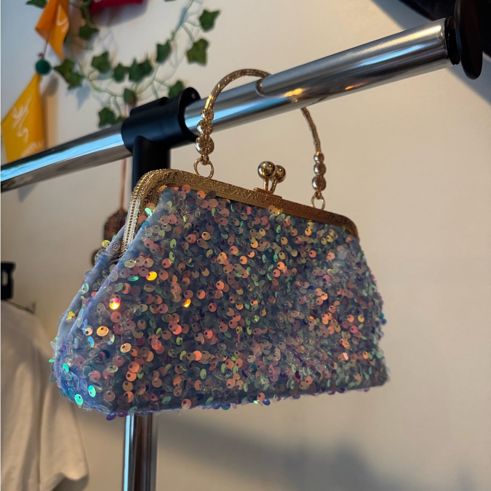 Sequin Embellished Evening Bag - Blue and Gold - Picture 3 of 6